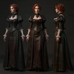 character sheet of victorian goth lady, concept art, game art, highly intrincate, full body front and side, unreal engine, very detailed, detailed face, octane render, artstation, cgsociety, character design, by tom bagshaw.