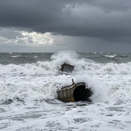 sinking bunkers on the altlantic shore , heavy storm,Big waves , dramatic sky