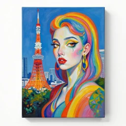 expressive acrylic painting of a bizarre psychedelic woman in a rainbow in tokyo, mixed media collage by basquiat and jackson pollock, maximalist magazine collage art, retro psychedelic illustration