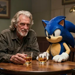 willie nelson merrily drinking whiskey together at a wooden table with sonic the hedgehog from sega, cinematic lighting, relaxed smoky atmosphere, award winning vfx shot, cinematography, imax photography 4 k