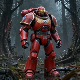 Power armor from the company core-cola, red color, stands against the background of a radioactive forest, graphics, fallout 4 render, 3d computer render, maximum details, rain, night, spotlight,