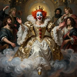 art masterpice, hysterical clown faced queen elizabeth descending from the clouds, intricate, beautiful cinematic lighting, stunning painting by artgerm, caravaggio, ruan jia, wadim kashin