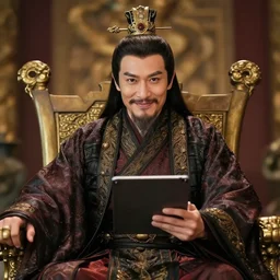 a photo of tai smart and handsome warlord who sits on the throne. he looks forward and think of writing something on his tablet in his hand. he is smiling with his ideas and look to the camera that is right in front of him