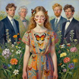 a beautiful girl covered with butterflies wearing a colourful patterned dress surrounded by wild flowers, painted by edgar maxence, edward hopper, wayne barlowe, james gilleard and james jean