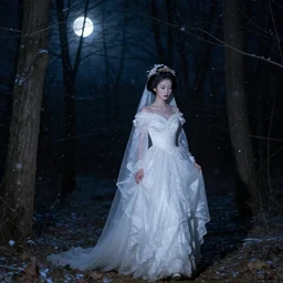 geisha in wedding dress walking in the forest at night. full moon. hyper detailed. socialist realism. beautiful and eerie. it is snowing