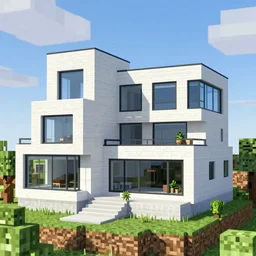 a white big modern house with a lot of windows on the top of a mountain during day time in minecraft using only white colored and glass blocks, realistic, 4 k, aesthetic, bright, happy, mansion