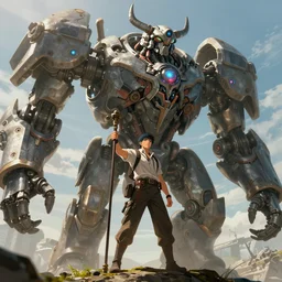 an intricate concept art, fantasy, man holding a pole, large mechanical biomes, megafauna, low - angle, close up shot, ultra photorealistic, ultra sharp, artstation, cgsociety, masterpiece, anime colors, by ivan talavera, by wlop, octane render, 8 k