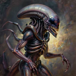 realistic portrait beautiful painting of Lilo mutate into a Xenomorph. Horror, created by Thomas Kinkade.