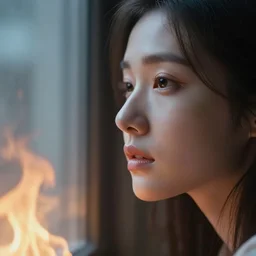 an ultra realistic, cinematic, close up portrait, of a young woman, looking in the window, fire, dramatic, soft light, dreamy, facial features, stood in a cell, wearing prison clothing, detailed, deep focus, movie still, dramatic lighting, ray tracing, by michal karcz and yoshitaka