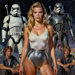 A mixed media painting of a very beautiful light-brown-hair / blonde woman on an alien planet, sweat, aesthetic symmetrical face and eyes, piercing gaze, photorealistic, model, wet, high waisted leotard, starship-troopers, pacific-rim-mech in background, eighties pinup style, by Frank Frazetta, Boris Vallejo, Beeple, Greg Rutkowski, Christian MacNevin, epic fantasy character art, full length, high fantasy, CGsociety, exquisite detail, post-processing, masterpiece, cinematic