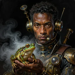 a close - up portrait painting of a dark steampunk scientist holding a frog. organic foggy atmosphere, black background. highly detailed science - fiction painting by norman rockwell, moebius, frank frazetta, and syd mead. rich colors, high contrast. artstation