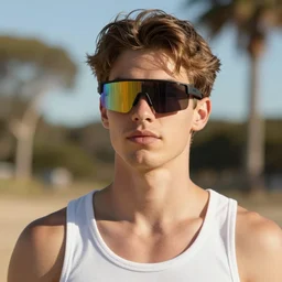 a beautiful portrait of a young bloke wearing futuristic sunglasses and a tank top, on a hot australian day, high quality, photography, volumetric lighting, 8 k