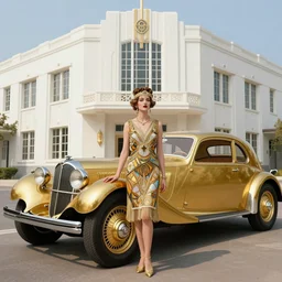 iconic beautiful 1 9 3 0's woman, standing in front of art deco white building, a gold vintage bugatti parked, great gatsby era styling, art by tamara de lempicka and alphonse mucha, fantasy, intricate, elegant, highly detailed, digital painting, time magazine, concept art, matte, sharp focus, illustration
