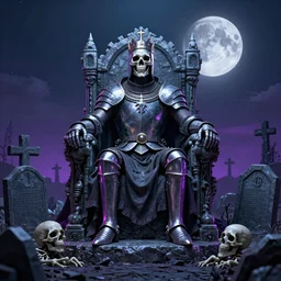 King of the death on a graveyard sitting on a throne made of graveyard stone, knight, souls, night, moon, very coherent symmetrical artwork, cinematic, high detail, octane render, unreal engine, 8k, Vibrant colors, Smooth gradients, High contrast, trending on artstation