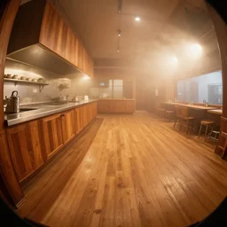 fog, volumetric lighting, fisheye, curved perspective, naive, extra narrow, wooden restaurant kitchen, large floor, by rhads antoni gaudi goya, warm tones