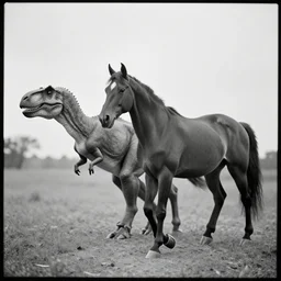 [ [ t rex ] ] and a horse with leg high heels, walk, soft, black and white, photograph, 1 8 5 0 s
