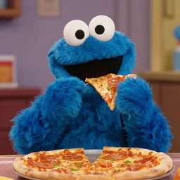Cookie Monster Muppet on Sesame Street eating pizza in secret, happy
