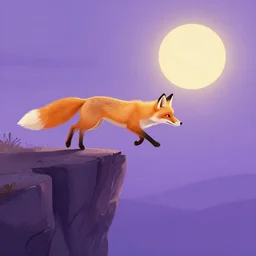 a illustration golden fox jumping from the edge of a cliff towards the sun, divine, peaceful, elegant, tones of purple, by neofluid