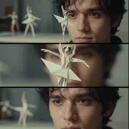 beautiful three point perspective film still of funky pop origami ballerina character study scene in merce cunningham, extreme closeup portrait in style of frontiers in blade runner miniature photography fashion architectural art studio seinen manga edition, porcelain holly herndon statues, pointe poses, tilt shift background, soft lighting, kodak portra 4 0 0, 8 k, macro, cinematic style by emmanuel lubezki