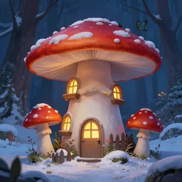 toadstool fairy house in twilight forest snow. soft light, illuminated windows. digital art by eugene de blaas, ross tran, and nasreddine dinet, vibrant color scheme, intricately detailed, in the style of romanticism. artstation, greg rutkowski