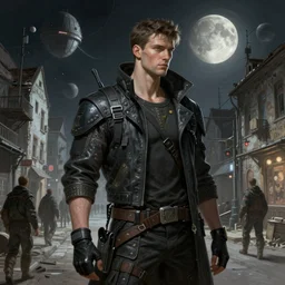 A portrait of a cyberpunk guy on the street of a Soviet slum on the moon, Norilsk, sci-fi, fantasy, intricate, very very beautiful, elegant, highly detailed, digital painting, artstation, concept art, smooth, sharp focus, illustration, art by artgerm and greg rutkowski and alphonse mucha