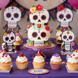 a photo of a day of the death birthday party celebration, table setup, cupcakes, cartoon, cute, illustration, colorfull, sugar skull, detailed, sharp, focused, focused, detailed, sharp, instagram, influencer, pinterest, shutterstock, istockphoto, getti images