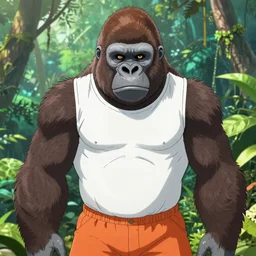Anthropomorphic bipedal gorilla, wearing a t-shirt and shorts, in the background is lush jungle, detailed face, symmetrical features, manga