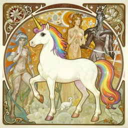 happy rainbow unicorn in the style of dariusz zawadzki, zdzislaw beksinski, giger, cam de leon, and stephen gammell. border and embellishments inspired by alphonse mucha