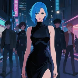 digital illustrationportrait of kate beckinsale as cyberpunk pretty girl with blue hair, wearing a tight black dress, in city street at night, by makoto shinkai, ilya kuvshinov, lois van baarle, rossdraws, basquiat