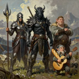 nameless man, edgy dragonborn, a fat gnome, a woman wizard soldier and a small dwarf with a guitar holding a baguette. adventuring together. fantasy oil painting,