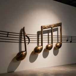 a polished bronze sculpture of music notation, three quater notes, art installation, cinematic light, shadows, 8 k, unreal render, reflections,