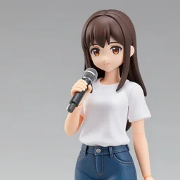 girl with straight brown hair white tee shirt and bluejeans with a microphone in hand, a nendoroid figurine, realistic face, detailed, product photography