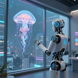 robotic artist, high rise interior, window looking out on cyberspace, cybernetic jellyfish, cgsociety, artstation, 3 5 mm, cinestill, globalization