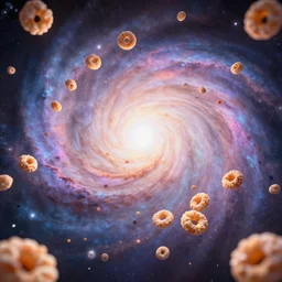 A swirl of galaxy with cereal bits floating everywhere, octane render, high quality, cinematic, pastel.