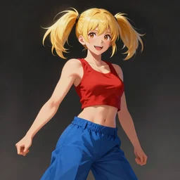 digital art, pixiv, a short athletic blonde girl, blonde twin ponytails, happy and spirited expression, medium shot, red tank top and wide blue pants