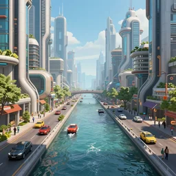 large canal through beautiful sci-fi cityscape, busy streets with cars and pedestrians, digital art, trending on artstation 4k