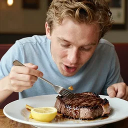 Morrissey eating a tasty steak