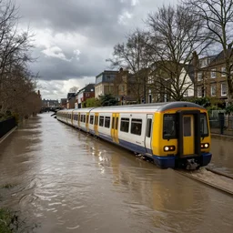 train driving through a river in a flooded london underground subway station, associated press photo, stock photo