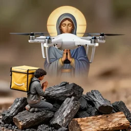 religious icon of believers praying to an amazon delivery drone, coal on wood