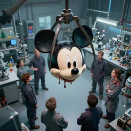top view of many mechanics in lab facility looking at bloody mickey mouse head lifted by claw, made by beeple, cgsociety, artgerm, greg rutkowski, highly detailed intricate 4 k art, low light cinematic, octane render, unreal engine, smooth concept art