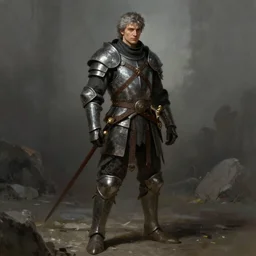 man in banded mail, warrior, gray hair, fantasy, cinematic, stunning, highly detailed, digital painting, artstation, soft focus, ominous lighting, full body shot, illustration, art by raf grassetti and hugo richard