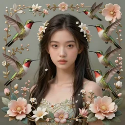 bautiful young girl surrounded by hummingbirds and fine floral ornaments, eye - level medium - angle shot, intricate, floral background, by esao andrews, by m. w. kaluta, by yoshita amano, intricate, symmetrical, natural lighting, smooth, 3 d octane render, depth perception, 4 k,, artstation