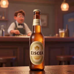 a anthropomorphic bottle of beer stands in front of a bar waiting to be served by the bartender, pixar
