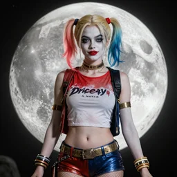 cosplay on Harley Quinn on the moon queen, unreal engine, octane render, 8k, full body, high detail of the face