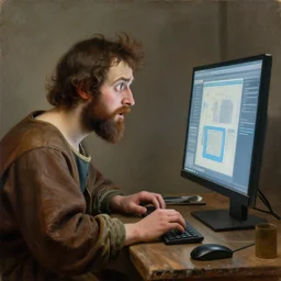 a 3d artist desperate looking at the computer screen, oil on canvas, renaissance