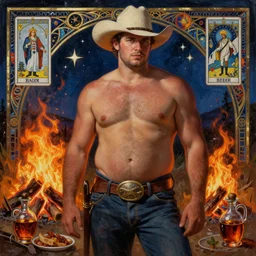 a dramatic, epic, ethereal painting of a handsome thicc shirtless cowboy with a beer belly wearing a cowboy hat and large belt | background is a late night campfire with food and jugs of whisky | homoerotic | fire, flames, stars, tarot card, art deco, art nouveau, mosaic, intricate | by Mark Maggiori | trending on artstation