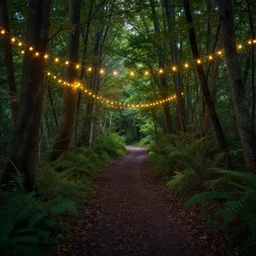 a woodland path with dense forest and fairylights, fantasy, highly detailed, art by greg rutkowski