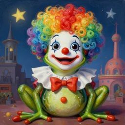 The Clown Frog King welcomes you Clown World, painting by Syd Mead and René Magritte, clown frog king in clown makeup and rainbow wig, chaotic