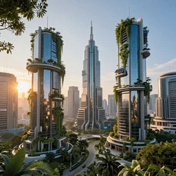 Sunrise over solar punk city, many trees and plants, vines, vertical gardens, utopia, beautiful glass and steel architecture, extreme detail, futuristic