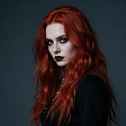 modeling photograph kerli koiv, redhead, beautiful, dark, mysterious, bubble goth, detailed face, half body shot